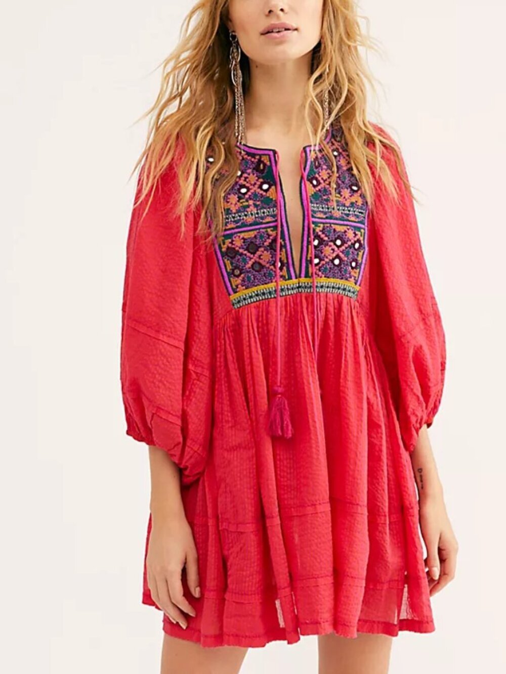 Free People Tangier Tunic Dress Mini Embroidered Tie Boho Striped Pink Medium